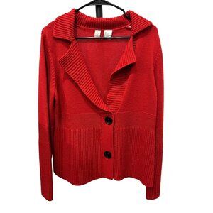 REQ Red Acrylic Large Collar Cardigan Sweater Ribbed Details Button Front Sz L